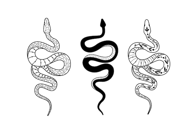 Silhouetted snake designs with intricate details and unique doodling styles in a vector format