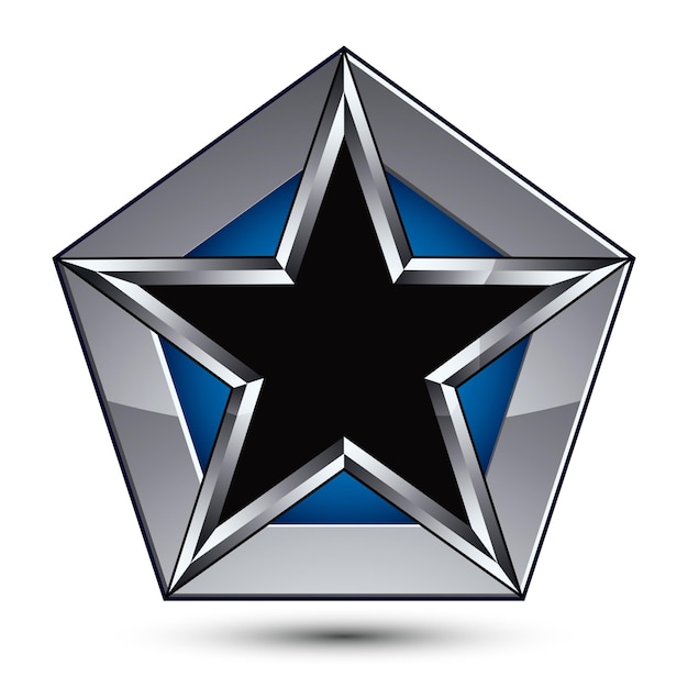 Silvery blazon with pentagonal black star, can be used in web and graphic design, clear EPS 8 vector. Heraldic silver symbol, 3d coat of arms.