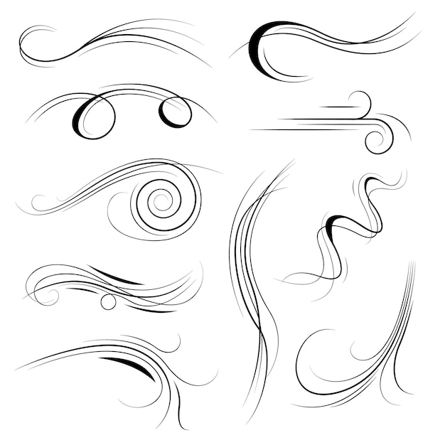Simpel linjevind med sort kollektion, vindstød, hvirvel, krølle, doodle, kant, naturelement, vektordesign