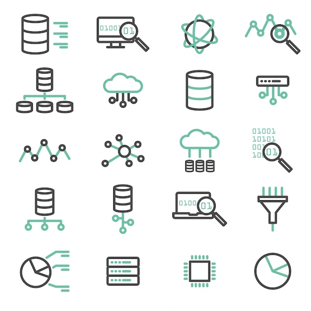 Simpelt sæt af big data, database, cloud computing, server, netværks vektorlinjeikoner. Elementer til computer, web, apps og mobilkoncept.