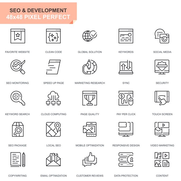 Simpelt sæt SEO og Udvikling Line Icons