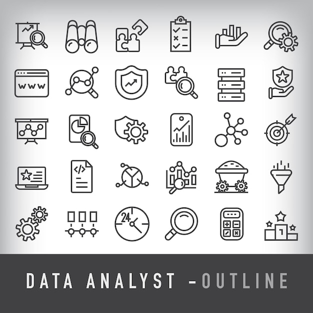 Simple 30 linear data analysis icons set Data design on report security server and network