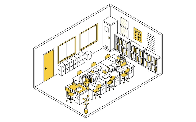 Simple and cute isometric line drawing illustration of a school staff room with teachers desks