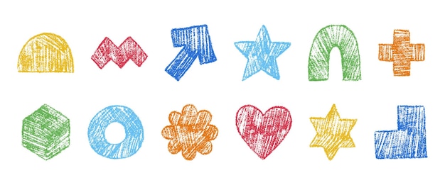 simple geometric shapes drawn with colored pencil collection of abstract figures with grunge texture arrow heart flower hexagon cross and other hand drawn vector illustration