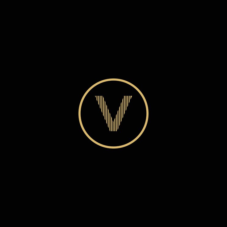 Simple gold letter V logo with circles and black background