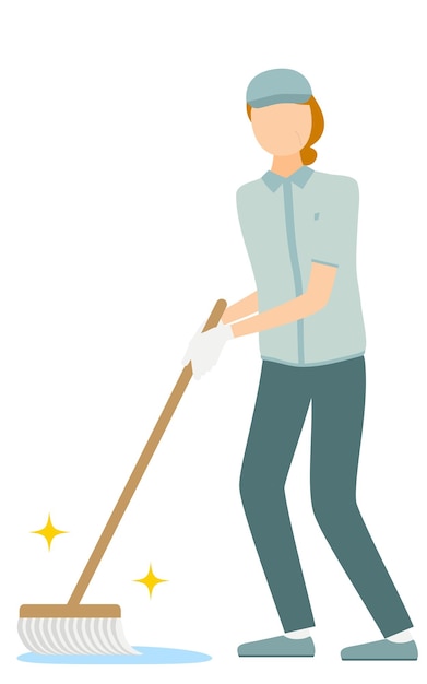 Simple illustration of a senior worker woman in a hat wiping down with a mop