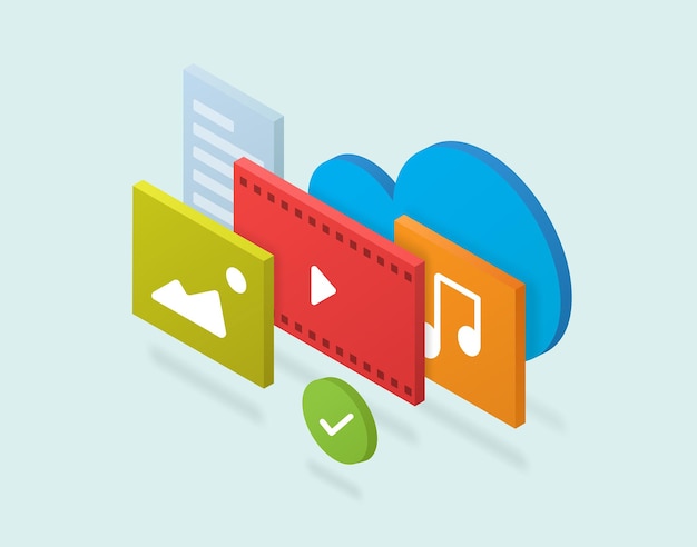 Simple isometric multimedia and document backup and cloud service representative illustration