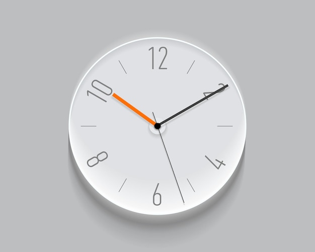 Simple light classic clock in realistic flat style with a orange arrow and numbers
