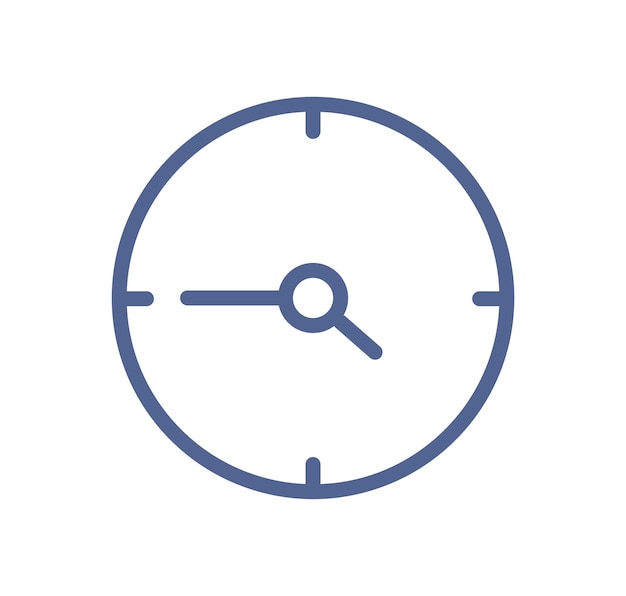 Simple line art icon of clock with hour and minute arrows on circle dial. Lineart timer with day time. Timepiece with pointers pictogram. Linear flat vector illustration isolated on white background