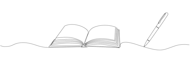 simple linear illustration of open book and pen education concept continuous linear vector illustration with editable strokes