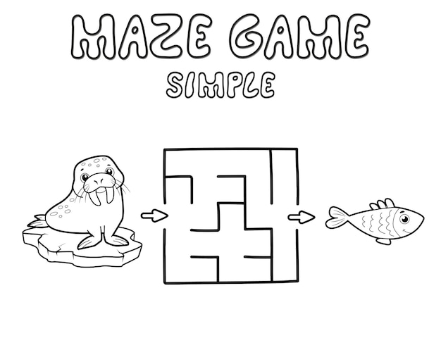 Simple Maze puzzle game for children. Outline simple maze or labyrinth game with walrus. Vector illustrations