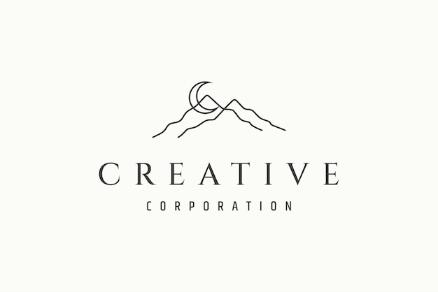 simple mountain logo with crescent moon in linear design