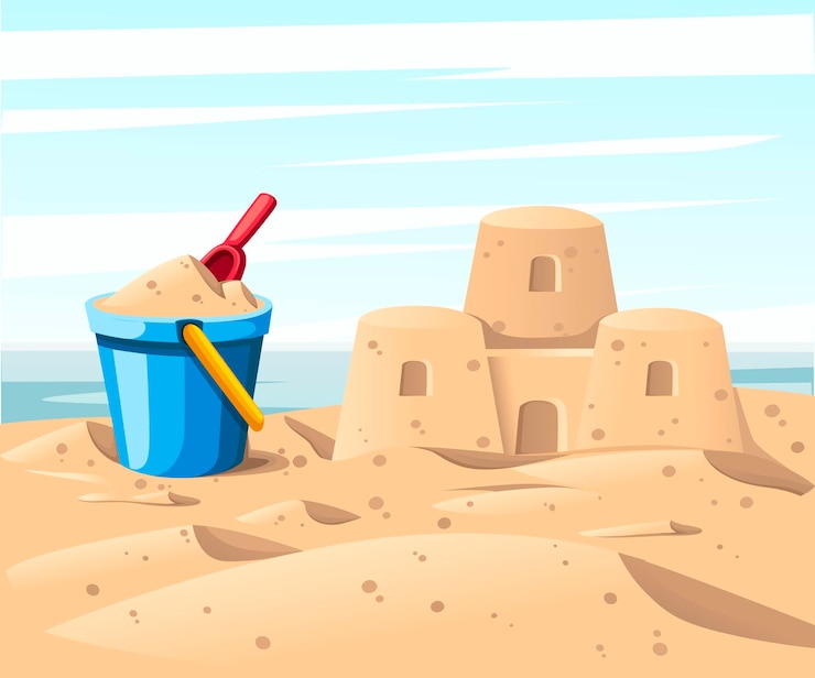 Vektör simple sand castle with blue bucket and red shovel flat illustration