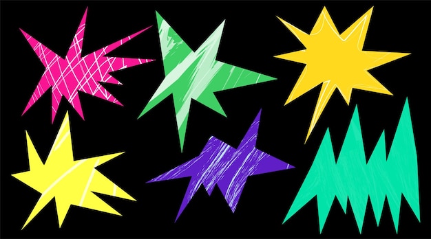 Simple set of trendy irregular stars hand drawn shapes with textures
