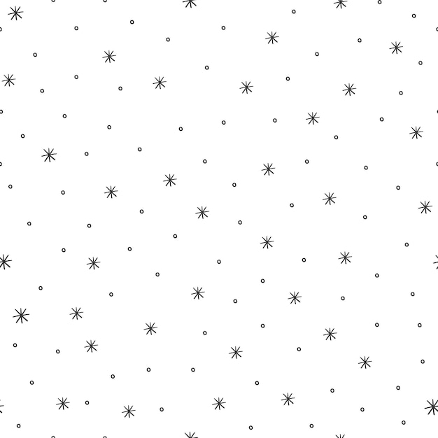 Simple snowflake seamless pattern. Black snow on white background. Irregular flakes and dots texture