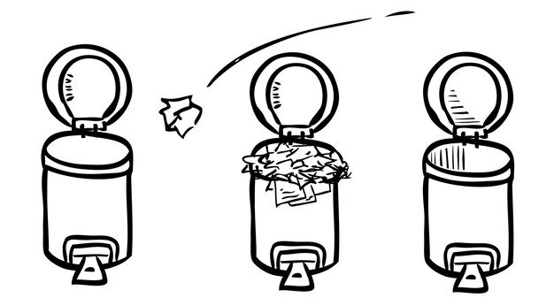 simple vector set 3 hand draw sketch of crumpled paper throwed into opened trash bin