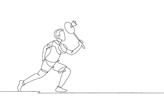 Single continuous line drawing agile badminton player take a hit from opponent Sport design vector