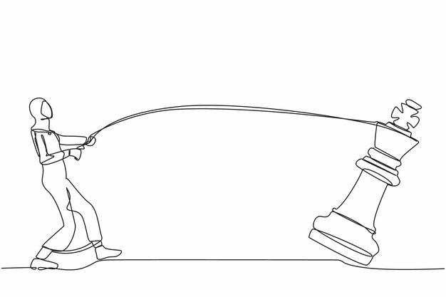 single continuous line drawing arab businesswoman pulling big king chess with rope business vector