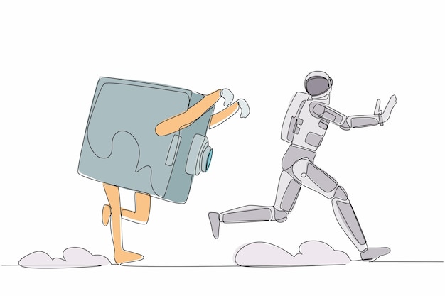single continuous line drawing astronaut being chased safe deposit box in moon surface illustration