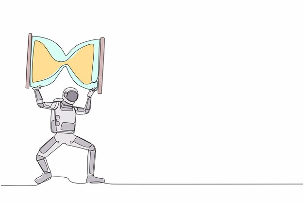 Single continuous line drawing astronaut carrying heavy laptop computer on his back design vector