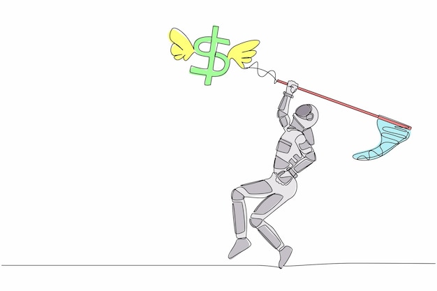 Single continuous line drawing astronaut try to catch flying dollar sign symbol with butterfly net
