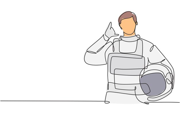 single continuous line drawing astronaut with call me gesture wearing spacesuits to explore space