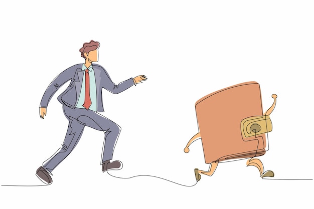 single continuous line drawing businessman chasing wallet trying to catch it return his money