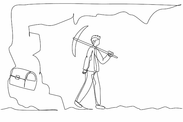 Single continuous line drawing businessman gives up digging a cave treasure box almost revealed