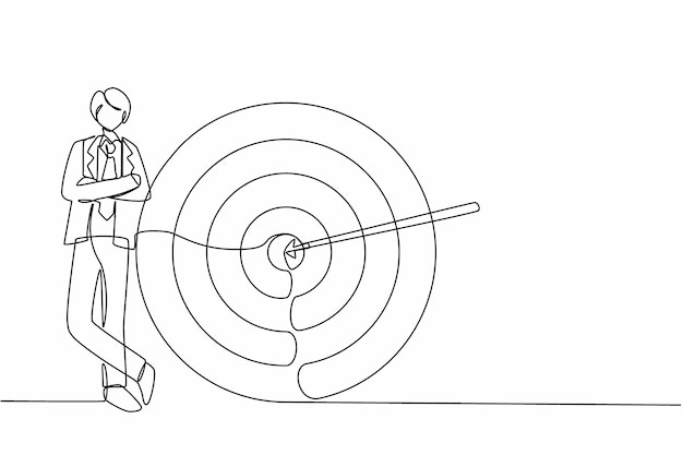 Single continuous line drawing businessman or manager is standing near target Arrow hit target