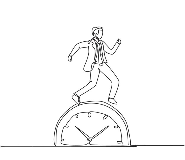 single continuous line drawing businessman walking on the big analog clock business deadline vector