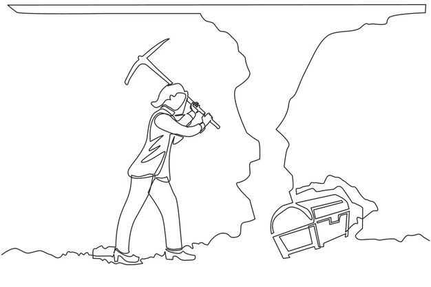 Single continuous line drawing businesswoman digging with pickaxe looking for hidden treasures