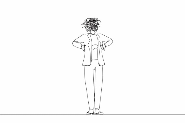 Single continuous line drawing businesswoman with round scribbles instead of head design vector