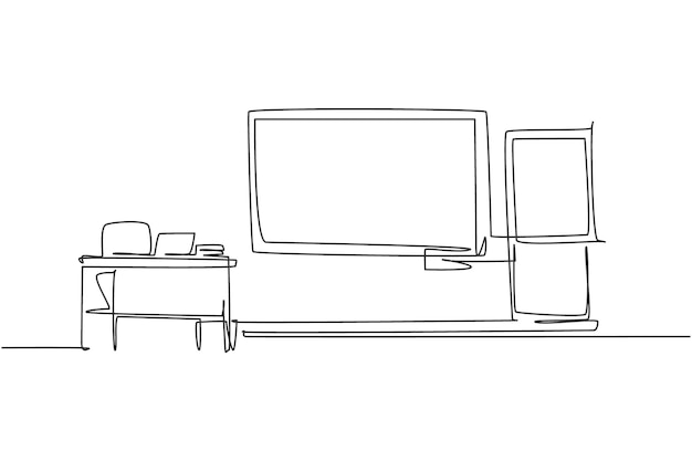 single continuous line drawing classroom interior with blackboard in front of class education vector