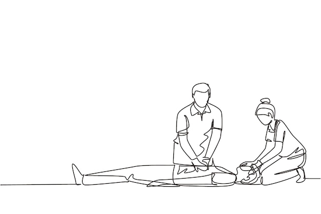 Single continuous line drawing emergency doctors doing cardiopulmonary resuscitation of a man