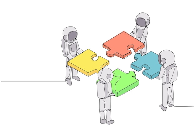 Single continuous line drawing four energetic astronaut standing with each holding puzzle pieces