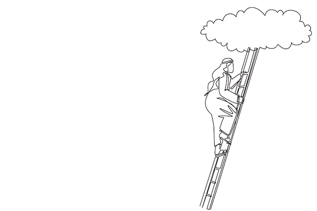 Single continuous line drawing happy wealthy Arab businessman flying with his umbrella holding