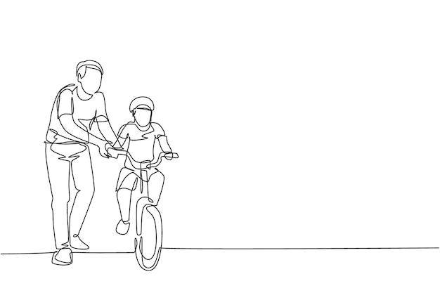 Single continuous line drawing kids boy learning ride bicycle with father Parenthood lesson vector