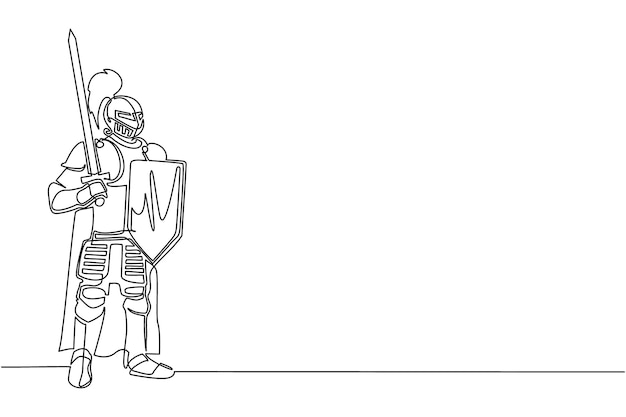 Single continuous line drawing medieval knight standing in armor and helmet Chivalry figure vector