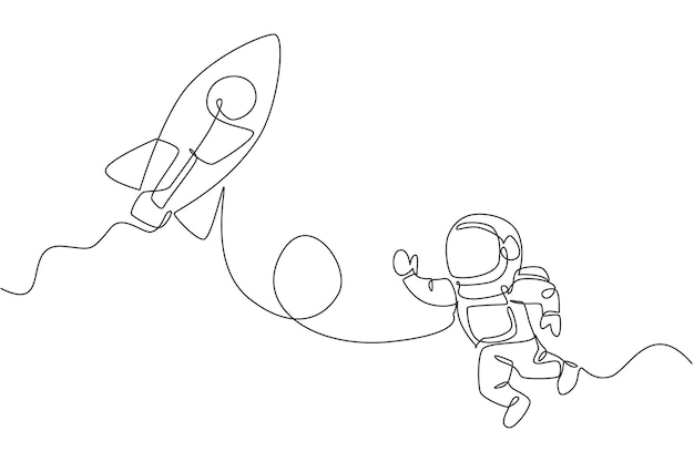 Single continuous line drawing of astronaut in spacesuit flying at outer space with rocket vector