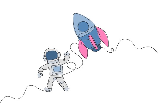 Single continuous line drawing of astronaut in spacesuit flying at outer space with rocket vector