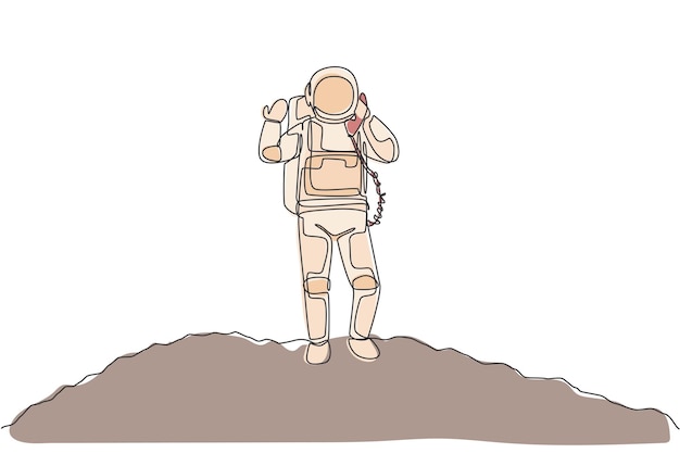 single continuous line drawing of astronaut on moon surface calling with phone satellite business