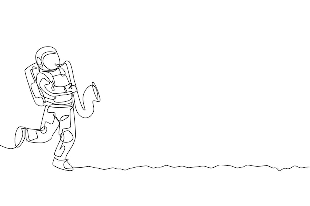 Single continuous line drawing of astronaut playing saxophone musical instrument on moon surface