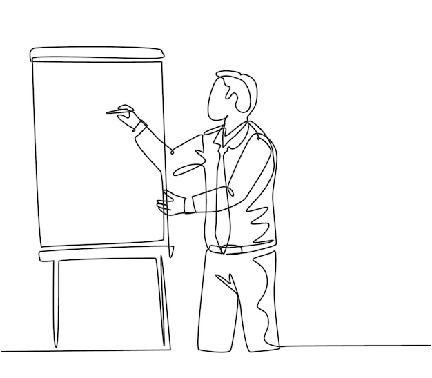 single continuous line drawing of businessman pointing the infographic on screen board using marker