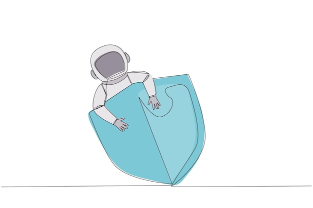 Single continuous line drawing of energetic astronaut hugging shield Request additional protection