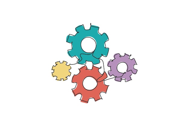 single continuous line drawing of metal wheel round gear for machinery label mechanical logotype