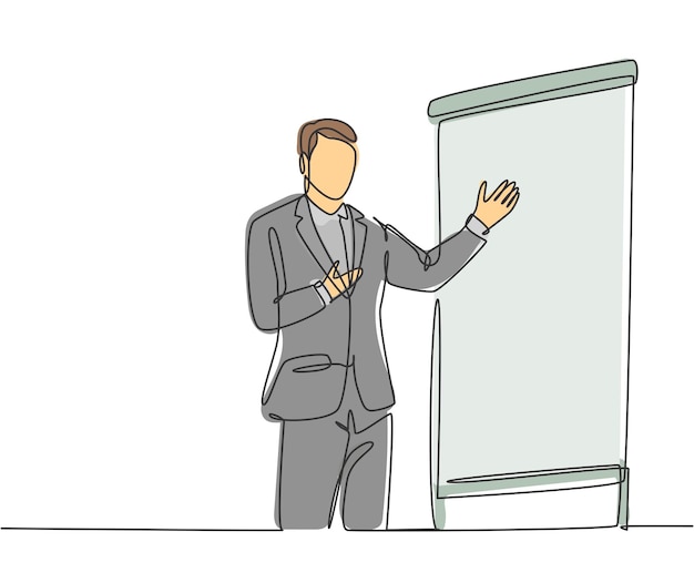 Single continuous line drawing of presenter present product technology innovation at office design