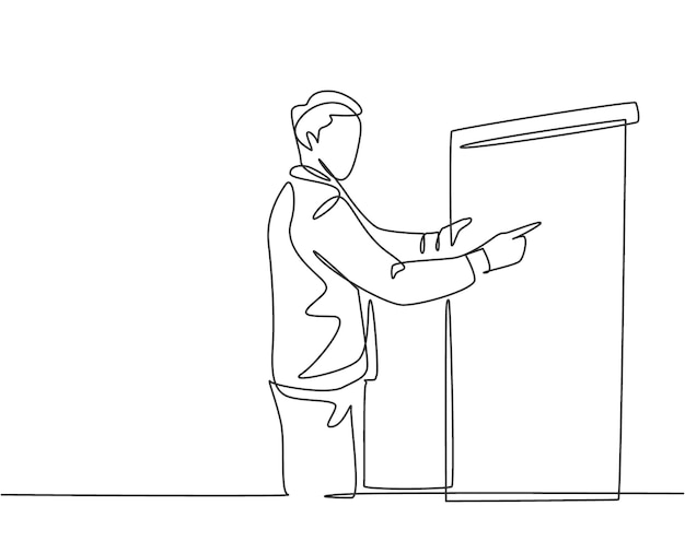 Single continuous line drawing of sales manager pointing a finger to the infographic on screen board