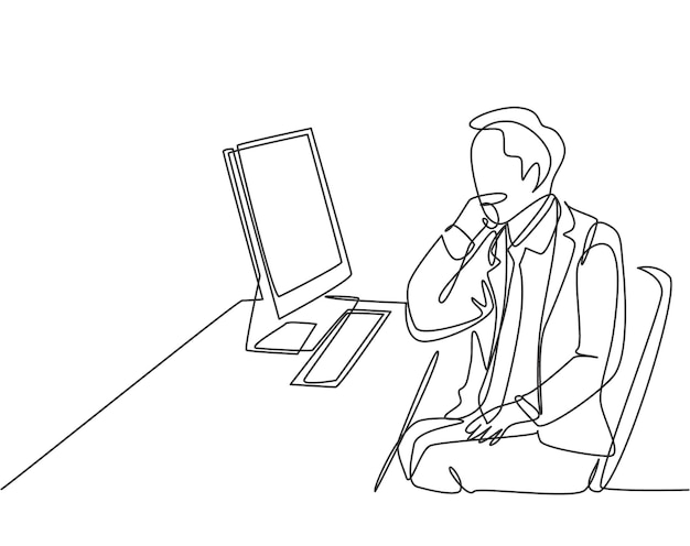 single continuous line drawing of startup ceo sitting on the chair and thinking focus watching data