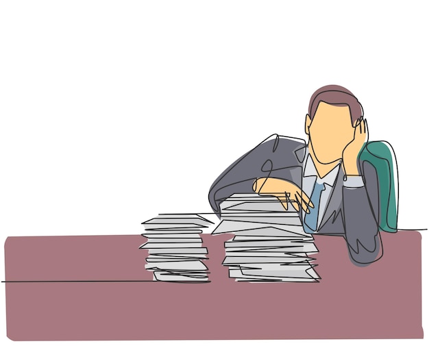 Single continuous line drawing of stressful finance manager facing pile of document papers vector