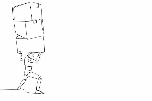 single continuous line drawing of tired robot carrying heavy pile of box on back overworked cyborg